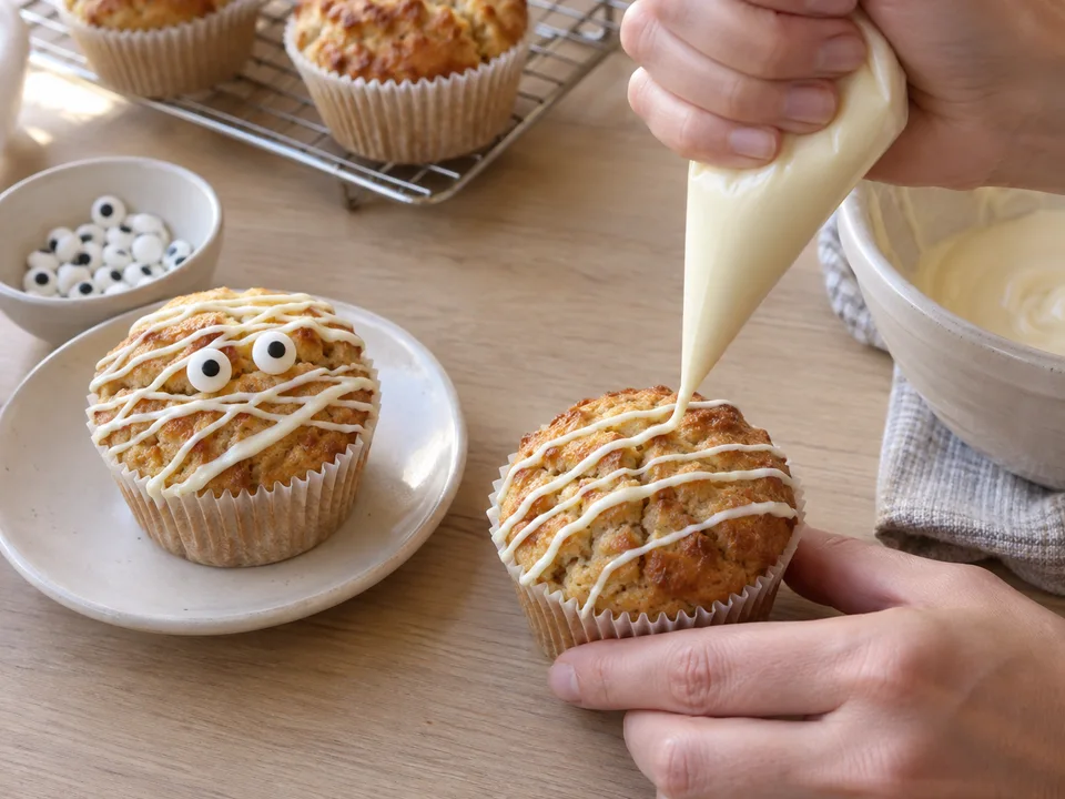 Auf die kalten Muffins schmale schräge Kuvertürestreifen spritzen und zwei Zuckeraugen befestigen.