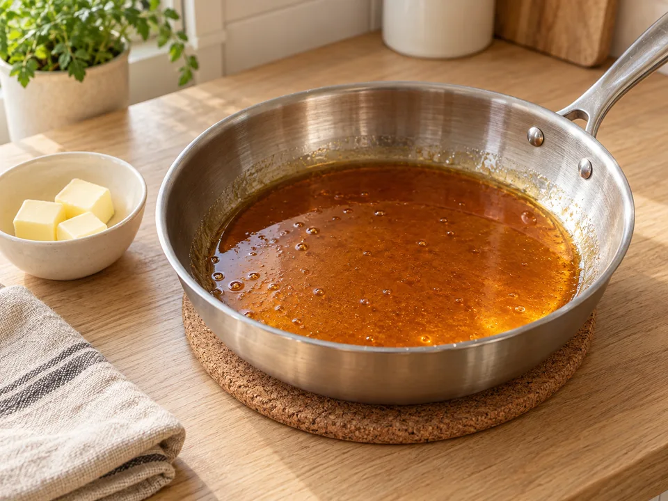 Am bernsteinfarbenen Karamell erkennst du den richtigen Zeitpunkt: Die Pfanne kommt jetzt vom Herd, bevor Butter und Zitronensaft vorsichtig eingerührt werden.