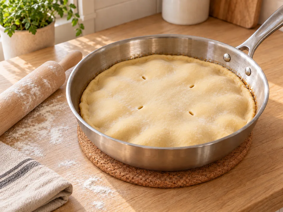 Der rohe Mürbeteig liegt als Deckel über den Äpfeln. Den Rand nach innen stecken und den Teig vor dem Backen viermal einstechen.