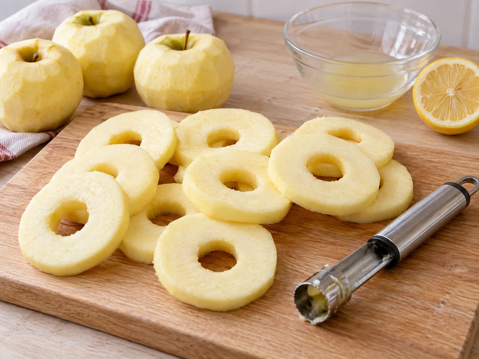 Geschälte Äpfel in ganze Ringe schneiden.