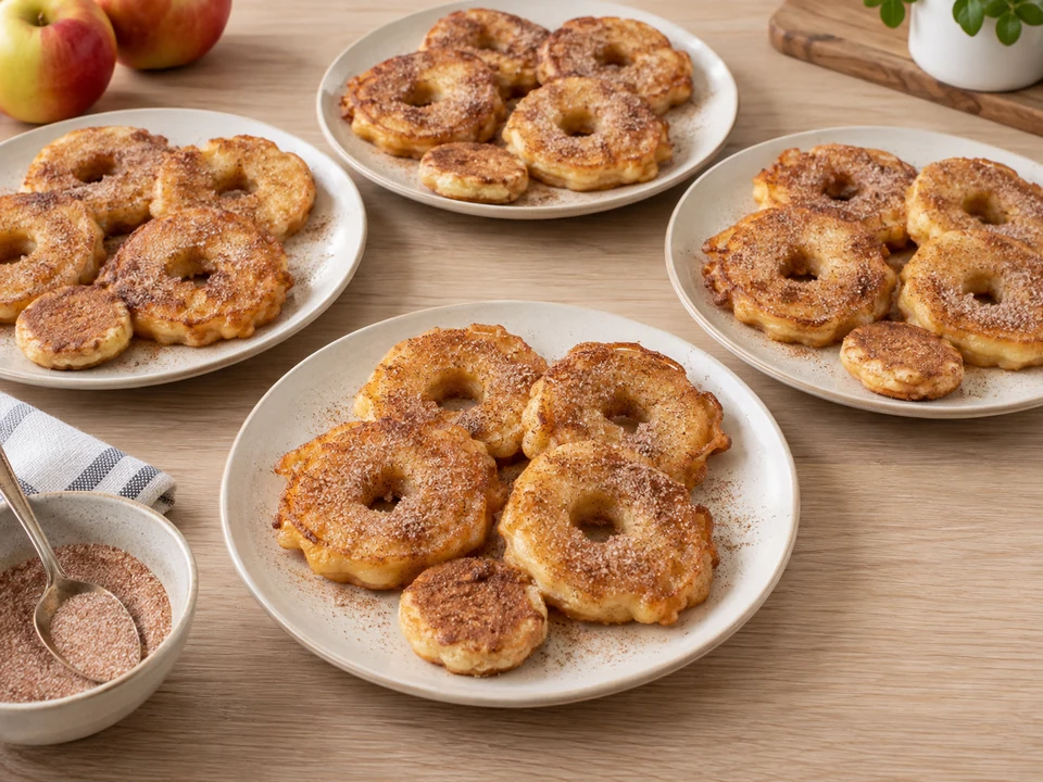 Apfelküchle mit Zimtzucker in vier gleiche Portionen teilen.