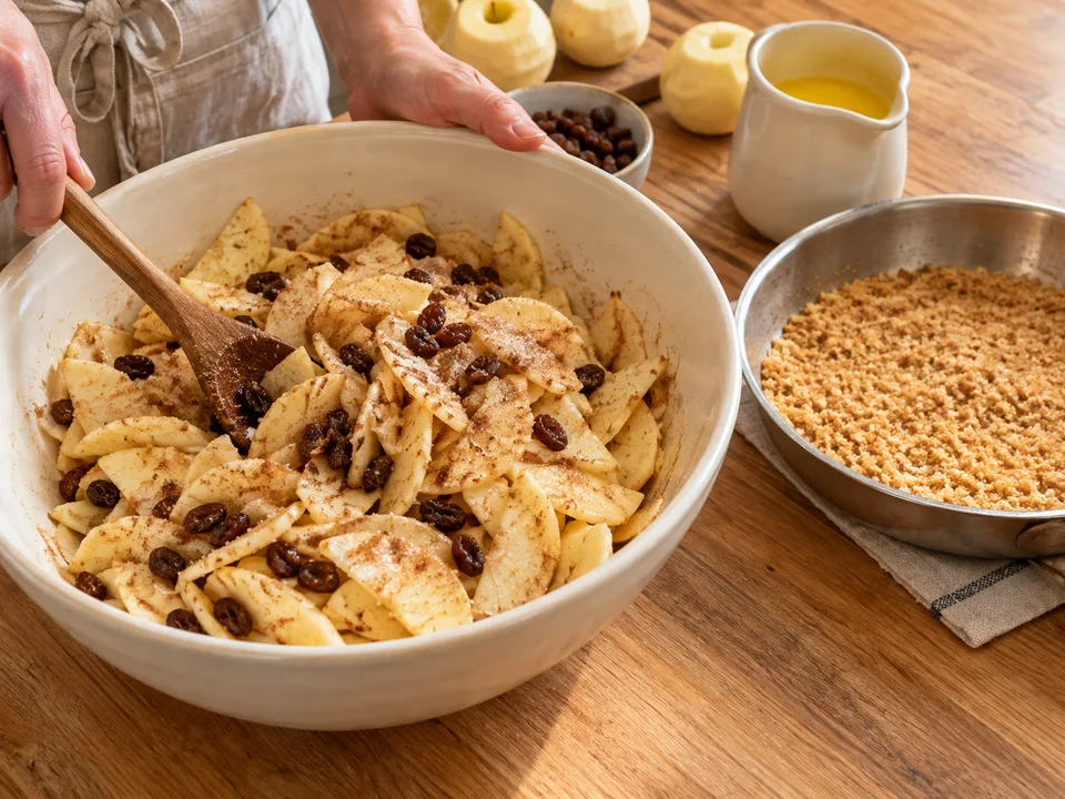 Die Apfelscheiben kurz vor dem Füllen mit Rosinen, Zucker, Zimt und Zitronensaft mischen; die gerösteten Butterbrösel separat bereithalten.