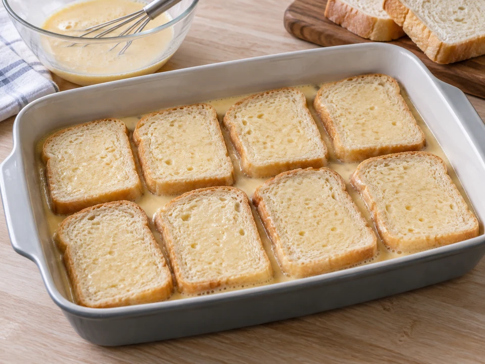 Altbackenes Brot mit der gesamten Eiermilch tränken.