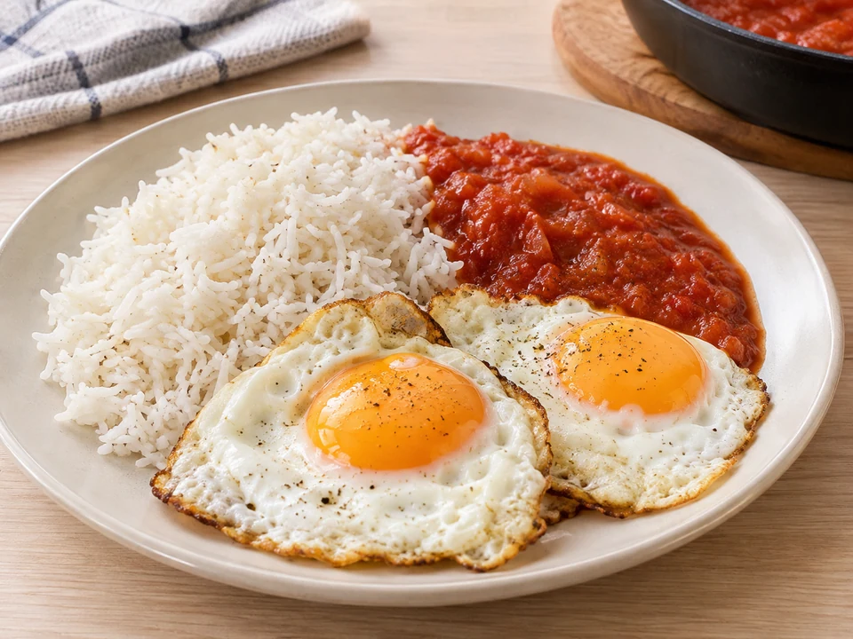 Reis mit Sauce und zwei Eiern servieren