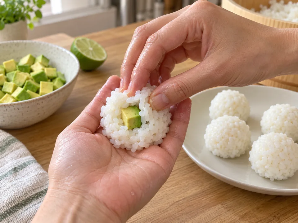 Eine Reisportion flach drücken, einen kleinen Avocadowürfel hineinlegen und den Reis darum zur Kugel schließen.
