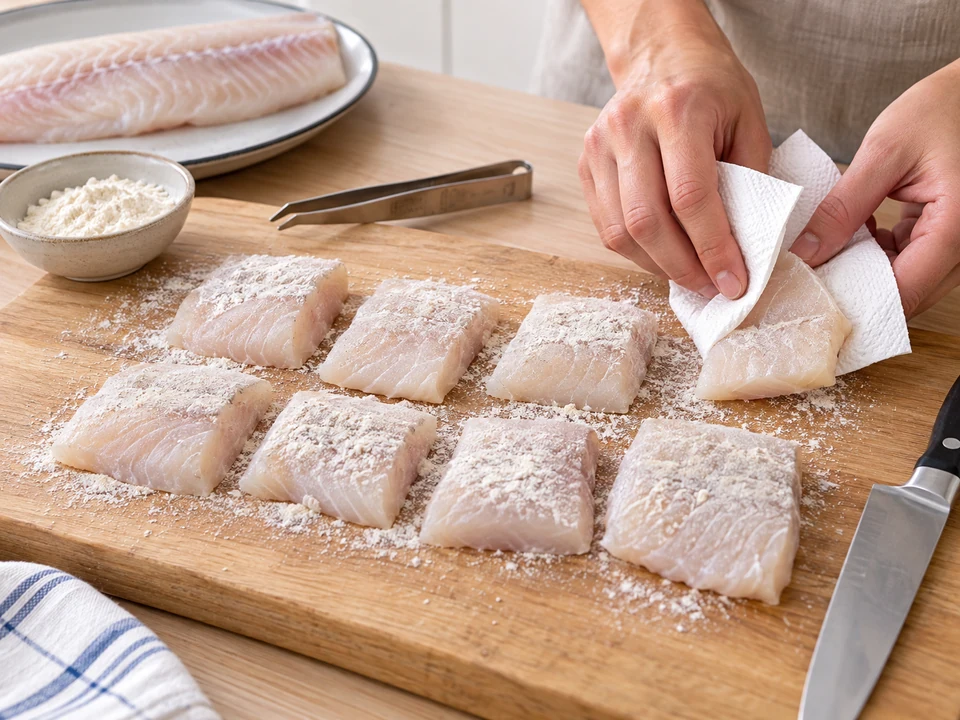 Trockene Fischstücke dünn mit Mehl bestäuben