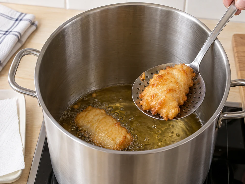 Je zwei Fischstücke goldgelb und vollständig ausbacken