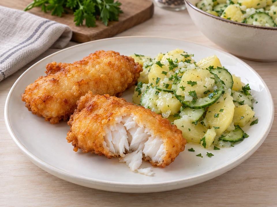 Knusprigen Backfisch mit Kartoffelsalat servieren