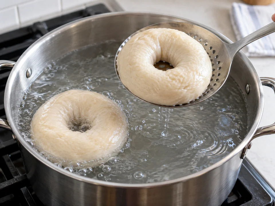 Bagels kurz im Wasserbad vorgaren
