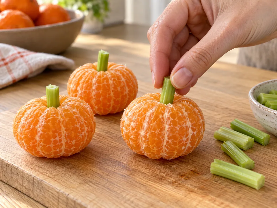 Je einen kurzen Selleriestift in die natürliche Öffnung der geschälten Mandarine stecken.