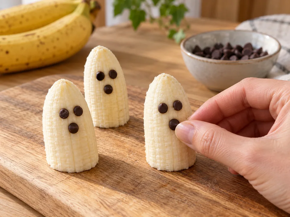 Jede aufgestellte Bananenhälfte vorsichtig mit zwei Schokotropfen als Augen und einem als Mund verzieren.
