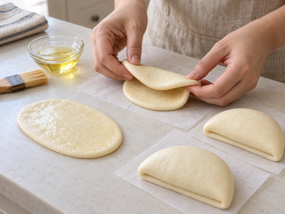 Die Teigovale dünn ölen und locker zusammenklappen, damit sich die Buns später öffnen lassen.