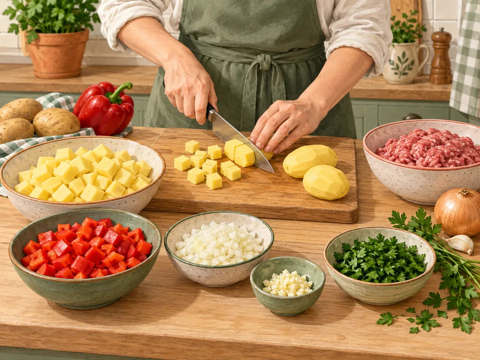 Kartoffeln, Paprika und Zwiebeln klein schneiden.