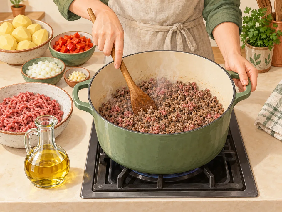 Hackfleisch im Topf krümelig anbraten.