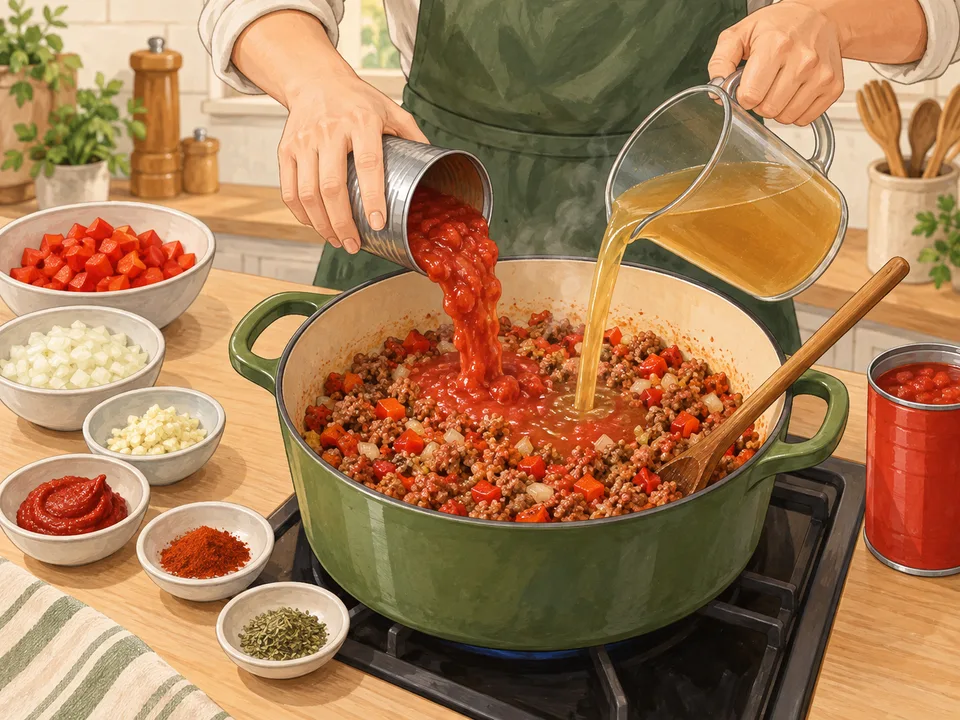 Tomaten und Brühe zum Hackfleisch-Gemüse-Ansatz geben.