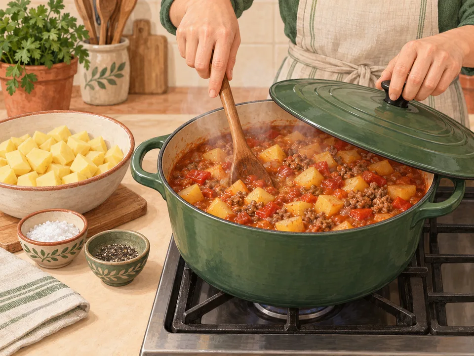 Die Kartoffeln im Tomatenansatz schmoren.