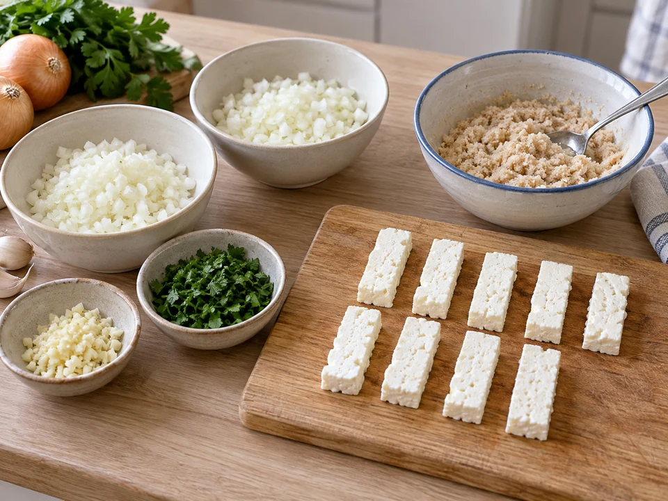 Feta in acht Stücke teilen und die Brösel befeuchten.