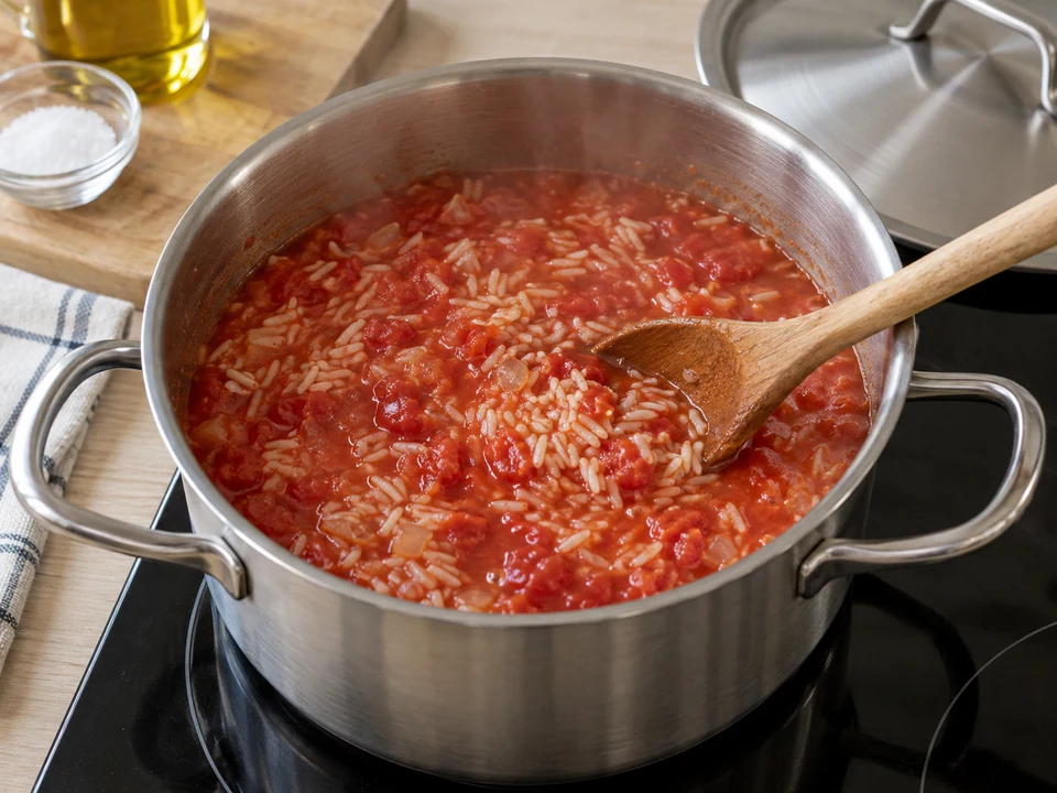 Reis in der Tomatenflüssigkeit sanft garen.