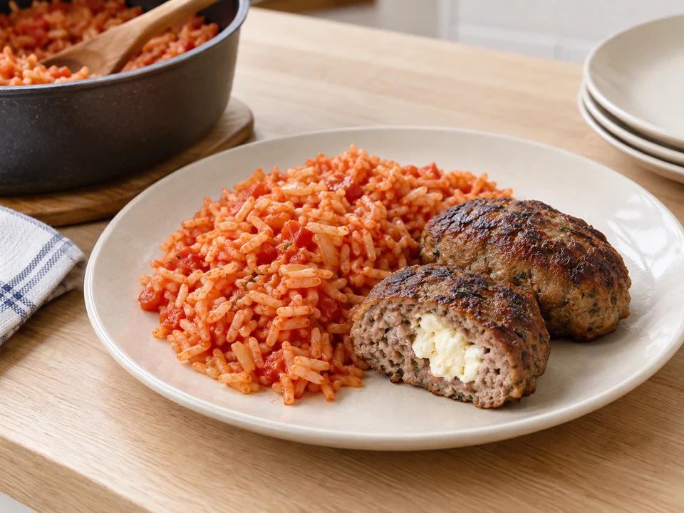Pro Portion zwei Bifteki mit Tomatenreis anrichten.