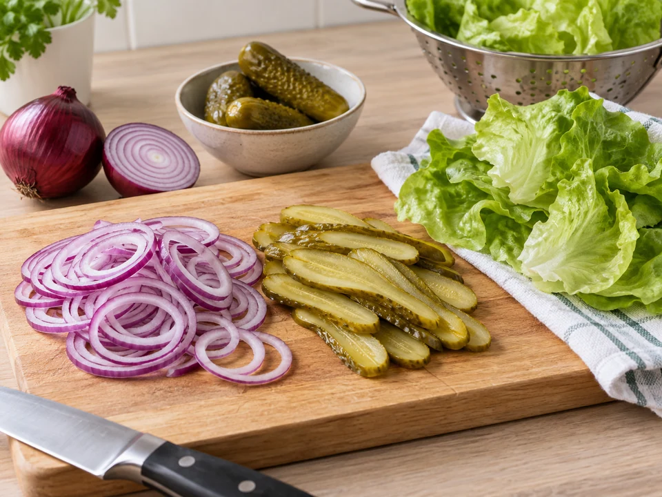 Zwiebelringe und trockene Salatblätter vorbereiten