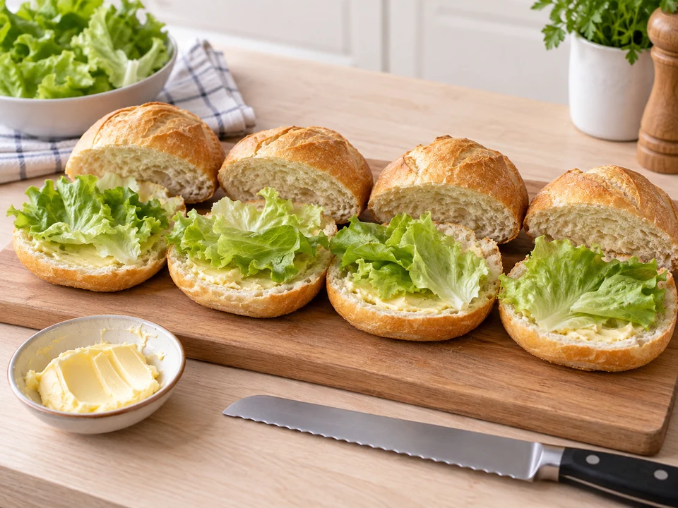 Brötchen aufschneiden und dünn mit Butter bestreichen
