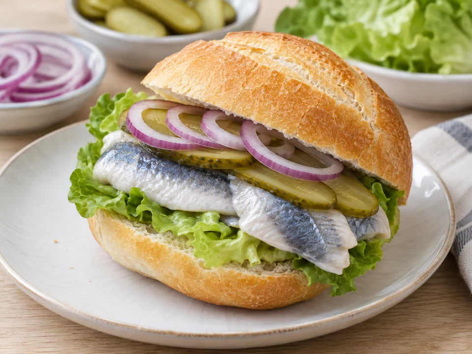 Hering, Gurke und Zwiebeln im Brötchen schichten