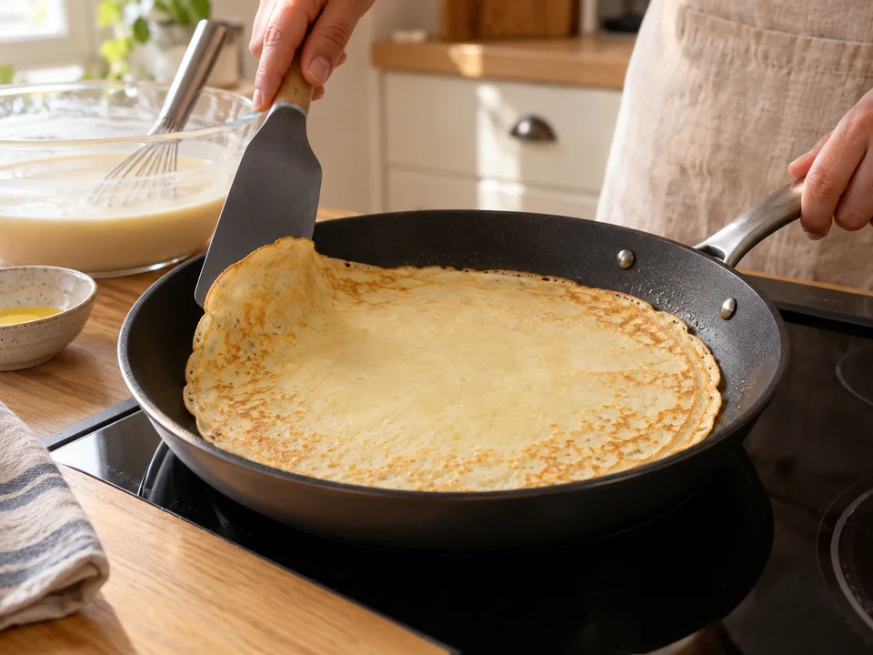 Eine dünne Teigschicht durch Schwenken verteilen und den Crêpe erst nach dem Stocken wenden.
