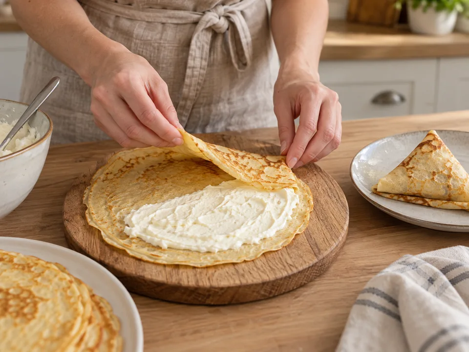 Quarkcreme auf eine Crêpehälfte geben und den Crêpe zweimal zum Dreieck falten.