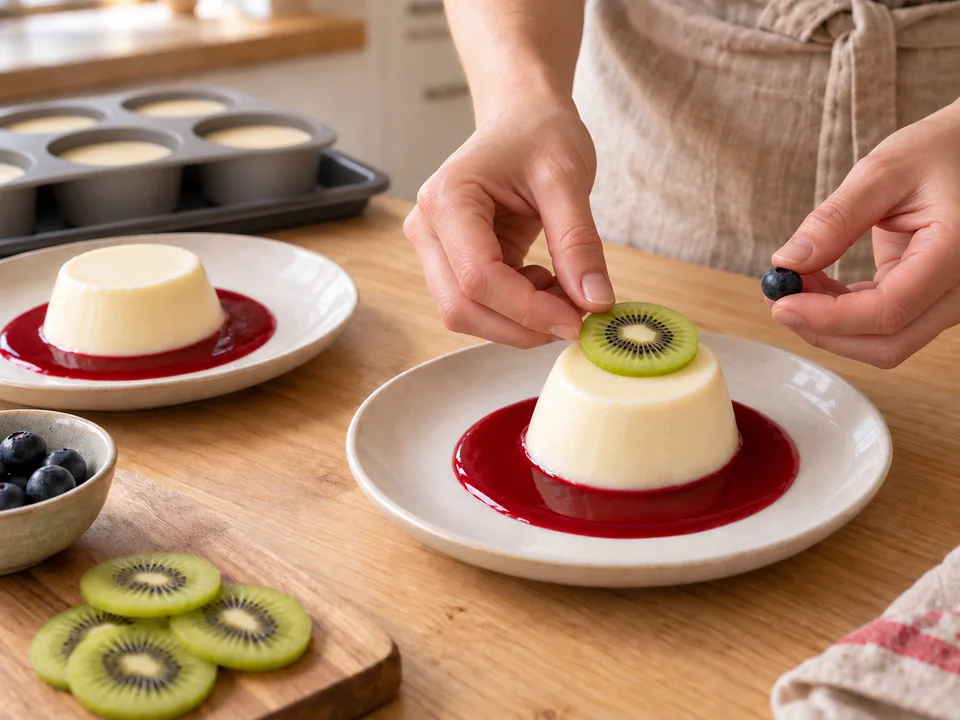 Die feste Panna cotta auf Himbeersauce setzen und mit je einer Kiwischeibe und Blaubeere als Auge verzieren.