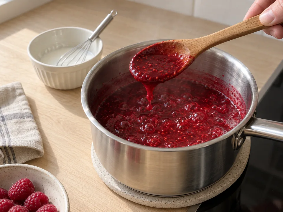 Die Himbeersauce nach dem Einrühren der Stärke nochmals kurz kochen, bis sie leicht bindet.