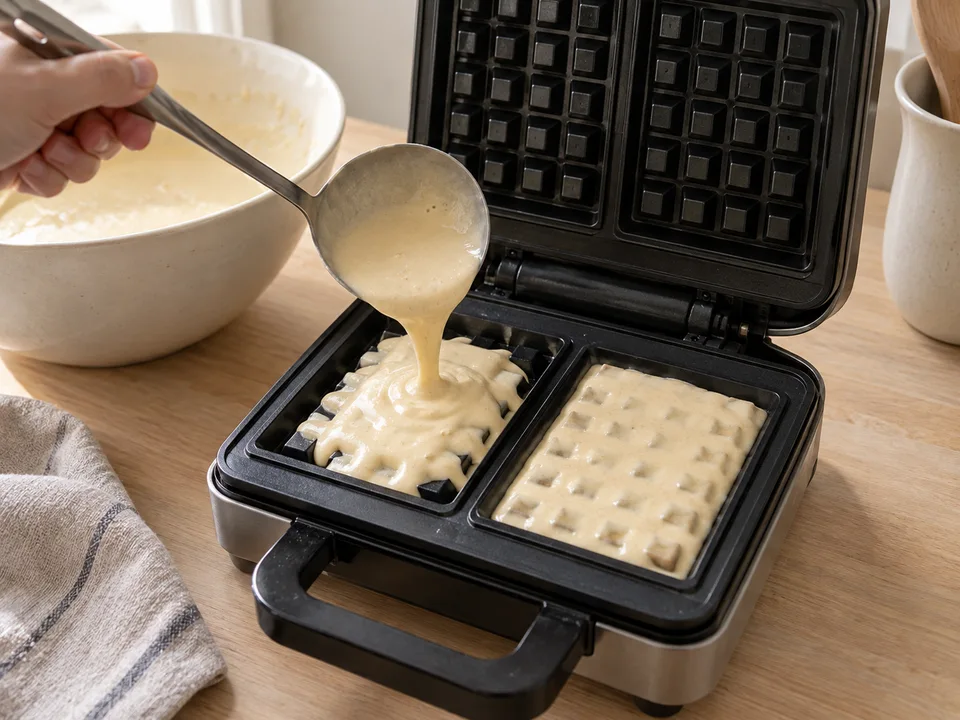 Das belgische Waffeleisen nur portionsweise befüllen und die Ränder frei lassen.
