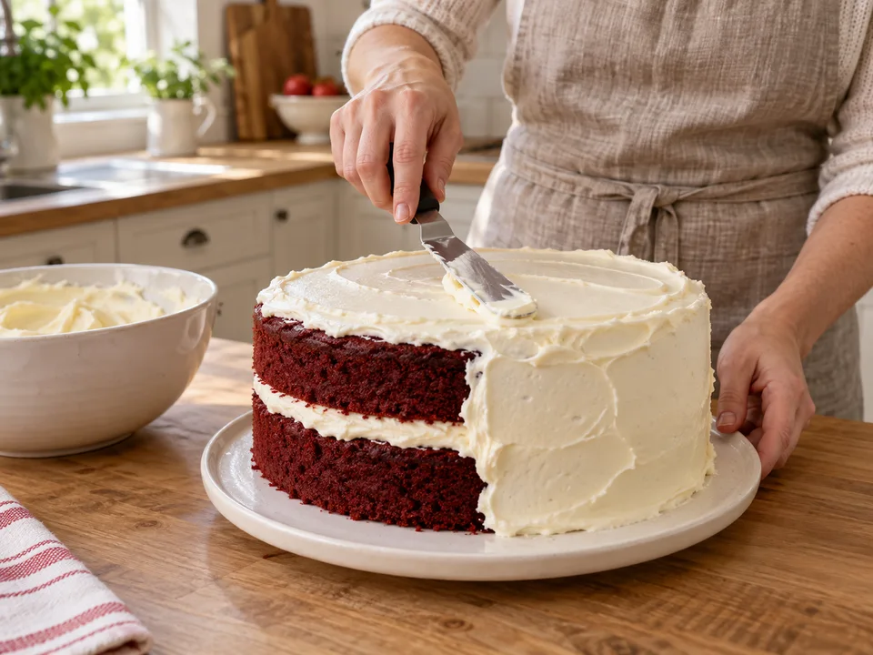 Die beiden kalten Böden mit Creme zusammensetzen und die Torte oben und außen bestreichen.