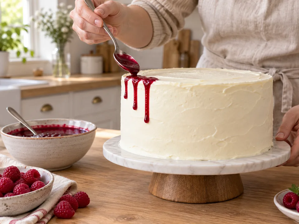 Die vollständig kalte Himbeersauce am oberen Rand dosieren und einzelne Tropfen über die feste Creme laufen lassen.