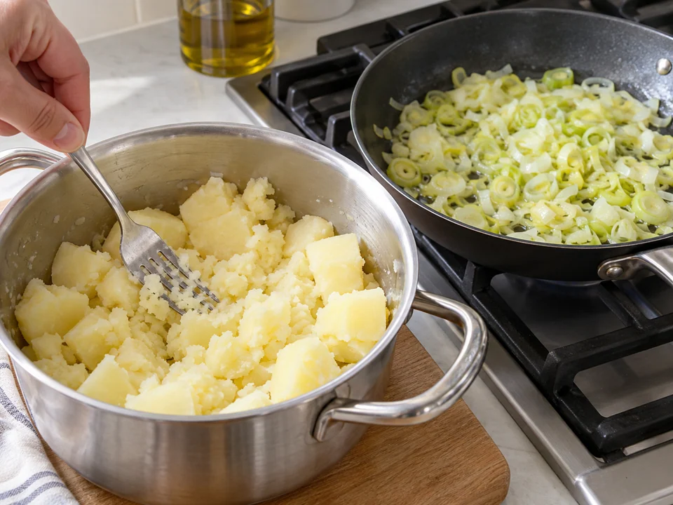 Kartoffeln kochen und Lauch dünsten