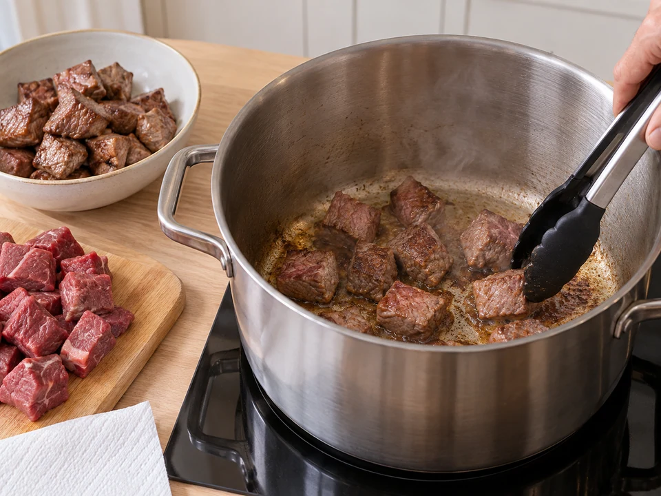Rindfleisch in kleinen Portionen anbraten.