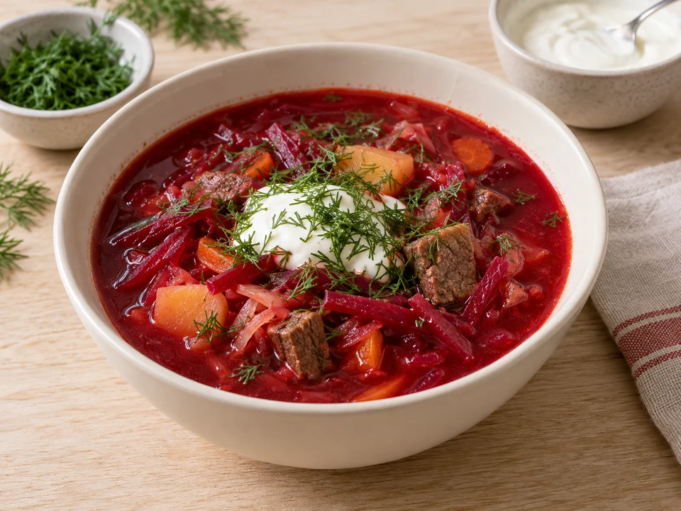 Den Borschtsch mit einem Klecks saurer Sahne und Dill anrichten.