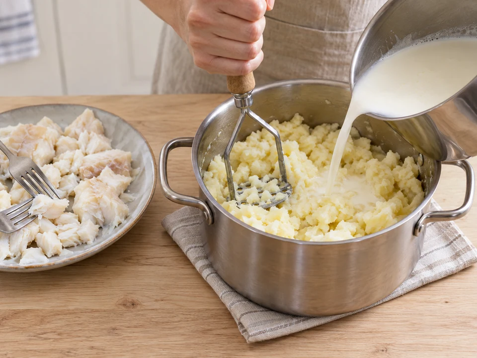 Kartoffeln von Hand stampfen und Milch einarbeiten