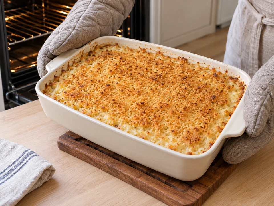 Eine dünne goldbraune Bröselkruste backen