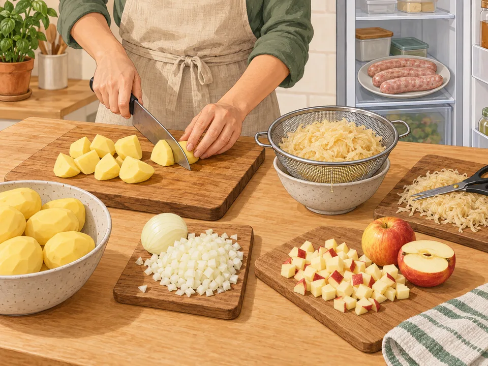 Kartoffeln, Zwiebel, Apfel und Sauerkraut vorbereiten.