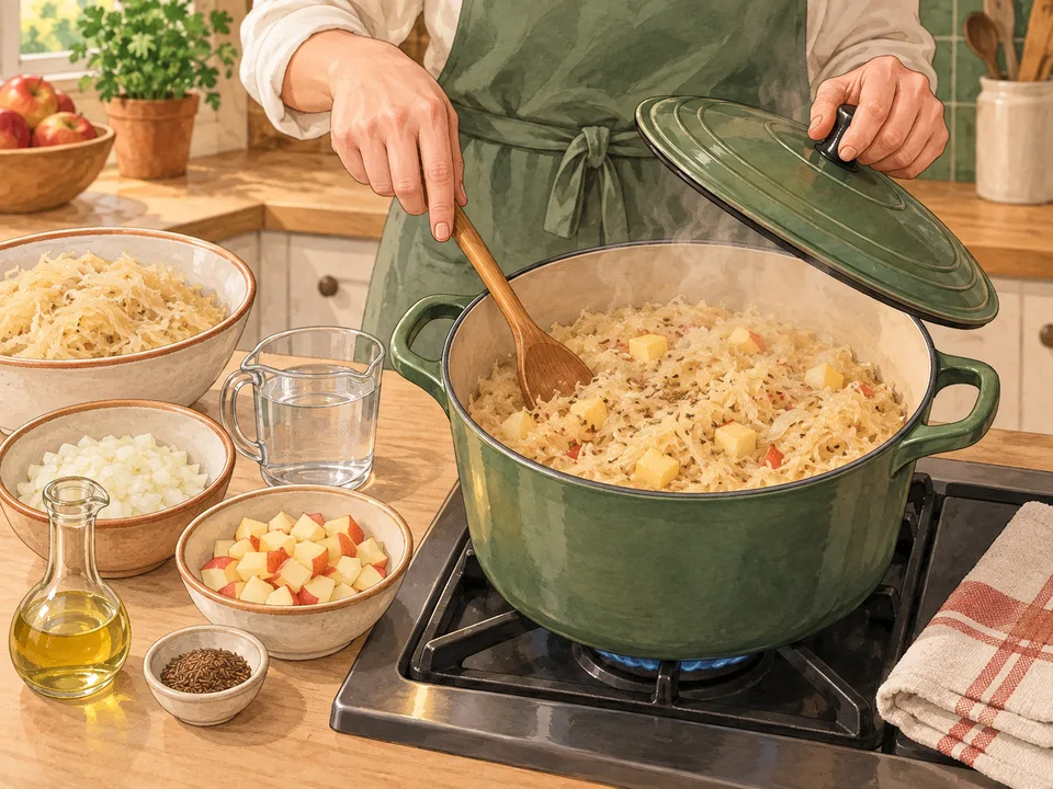 Sauerkraut mit Apfel und Zwiebel im Topf schmoren.