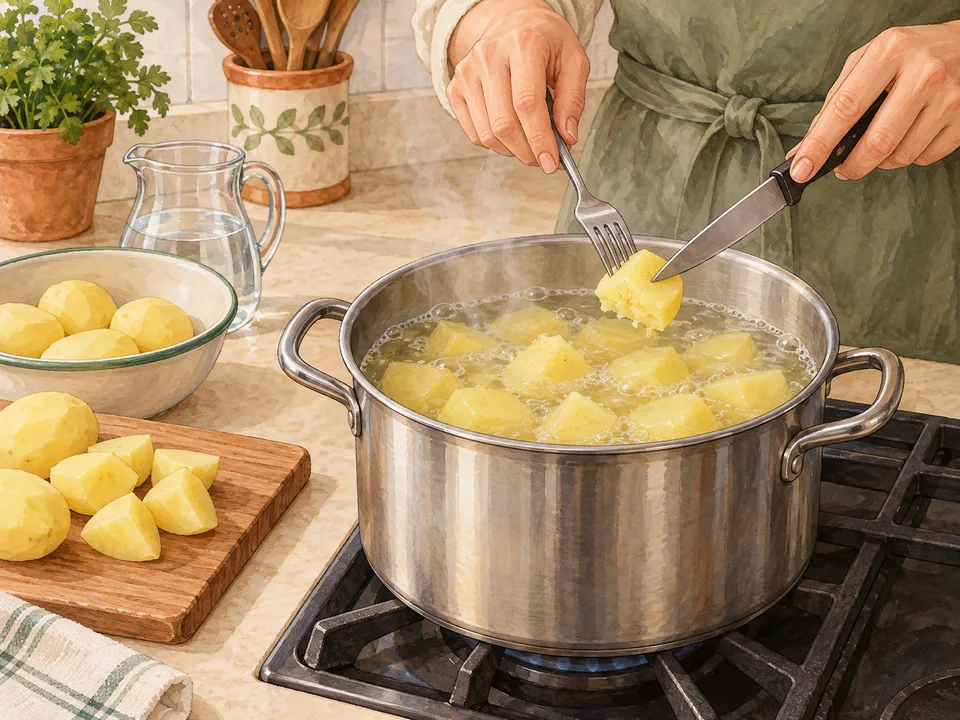 Kartoffeln kochen und mit einer Garprobe prüfen.