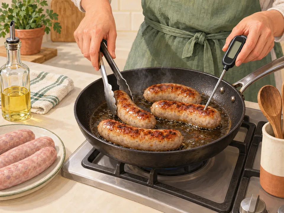 Bratwürste wenden und die Temperatur im Inneren prüfen.