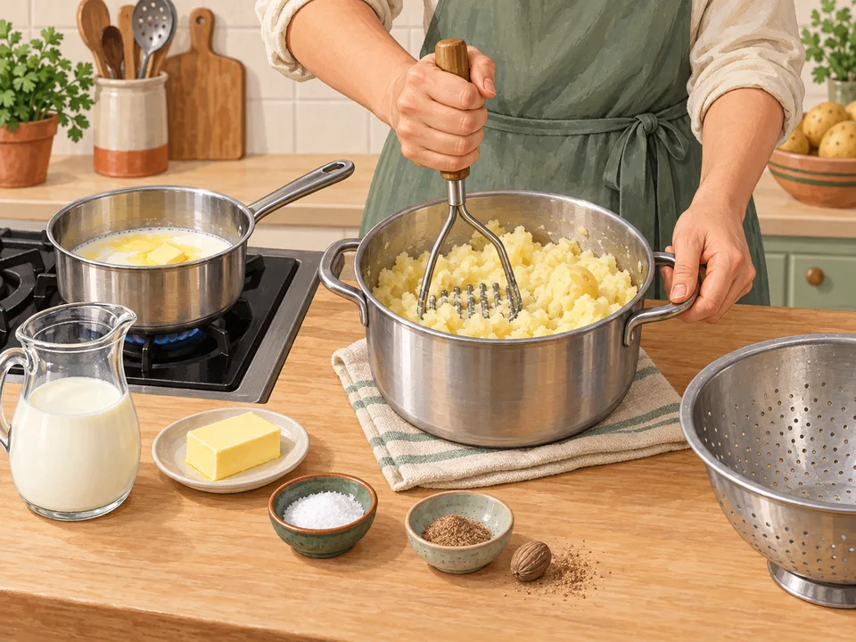 Die Kartoffeln mit warmer Milch und Butter stampfen.