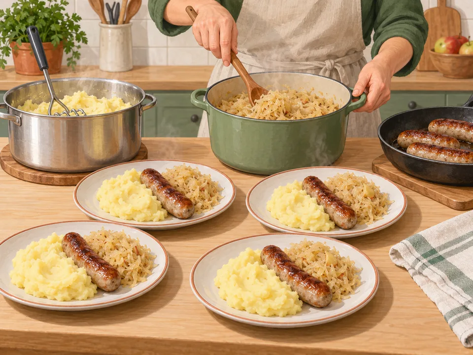 Bratwurst mit Sauerkraut und Kartoffelpüree auf Teller verteilen.