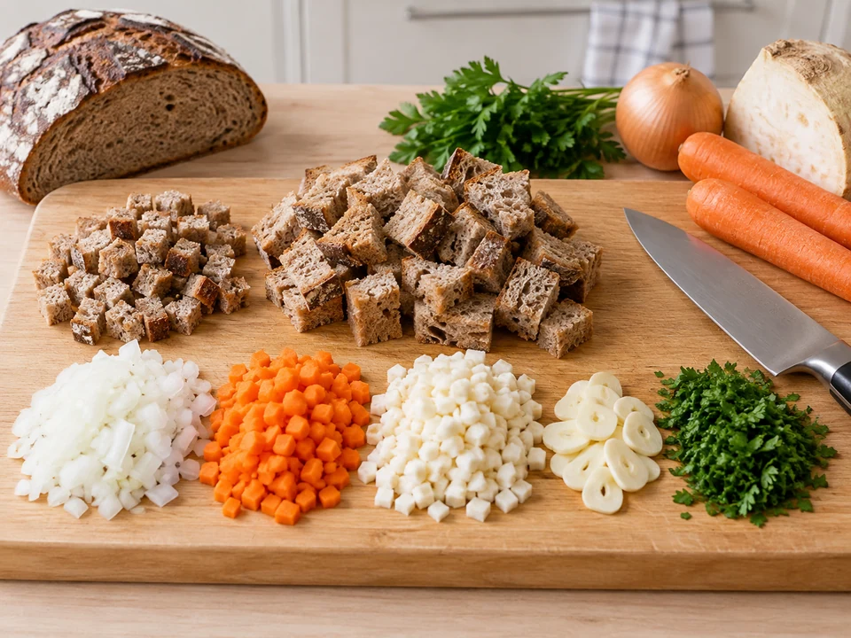 Einen kleinen Teil des Brotes für die knusprige Einlage zurücklegen.