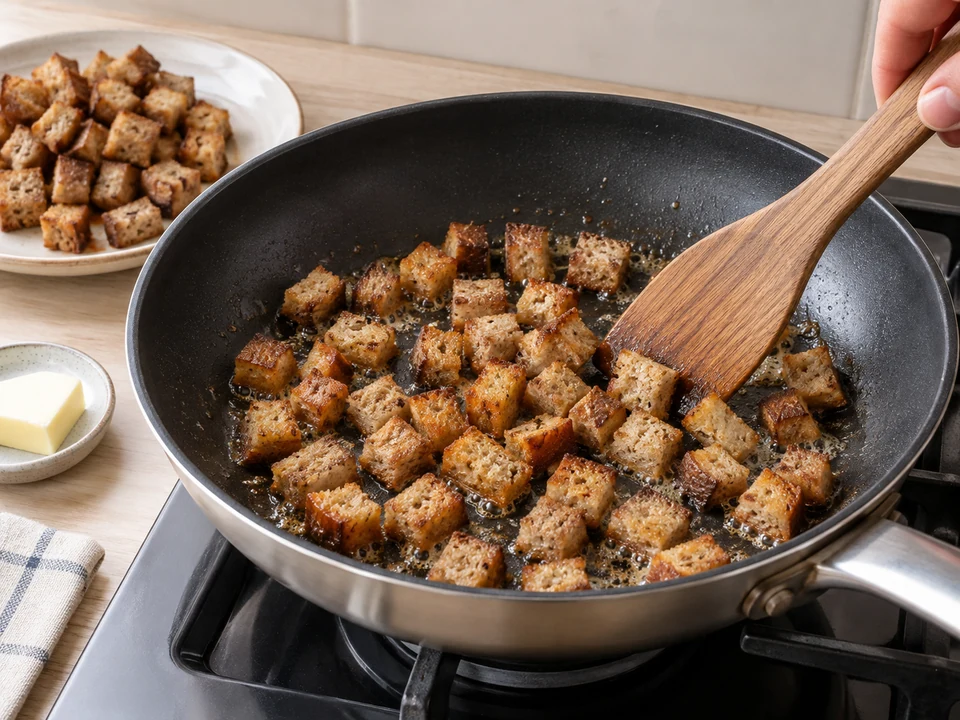 Die kleinen Brotwürfel in Butter knusprig rösten.
