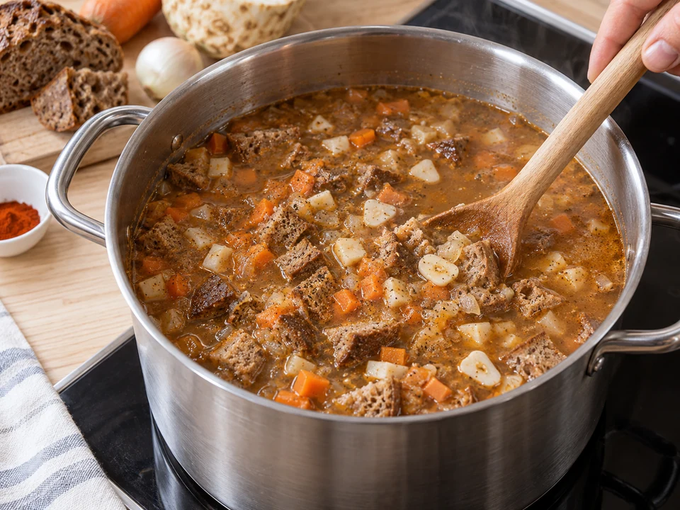 Das gröbere Brot mit Gemüse und Knoblauch in der Suppe weich kochen.