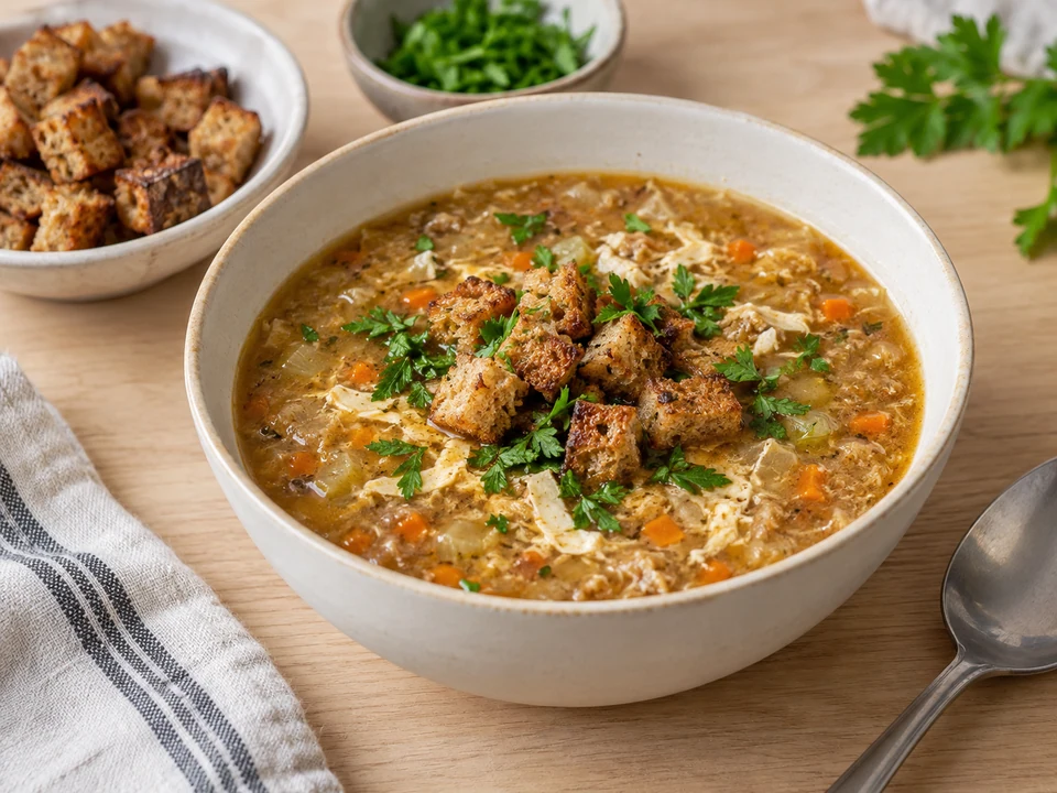Die gerösteten Brotwürfel und Petersilie erst zum Servieren aufstreuen.