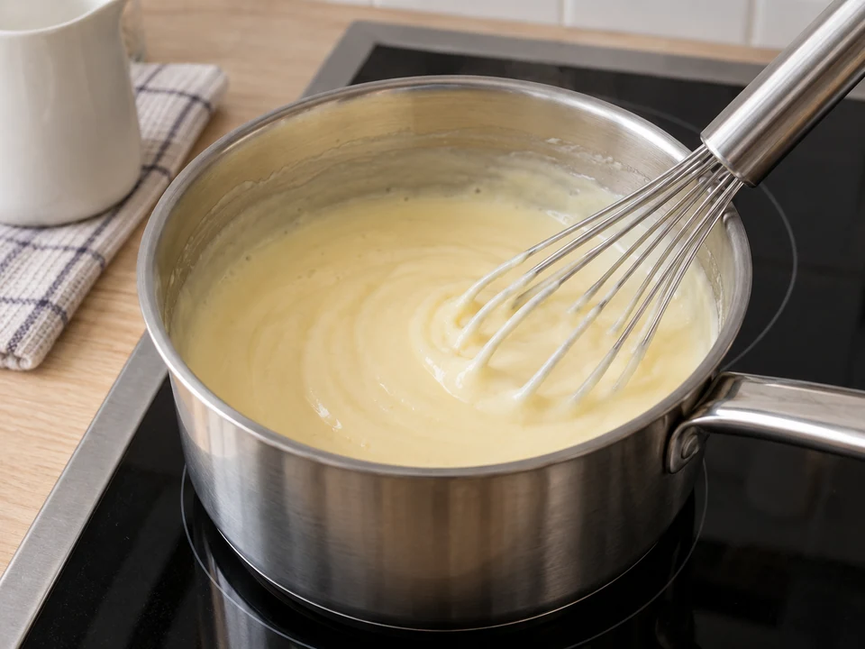 Vanillesauce mit angerührter Stärke kurz aufkochen.