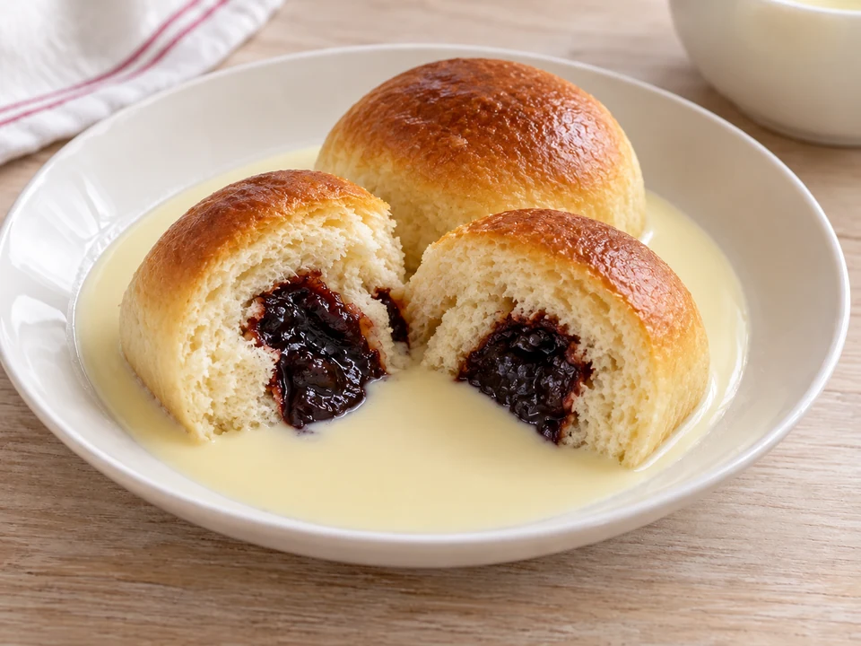 Zwei Buchteln mit Vanillesauce als Portion anrichten.